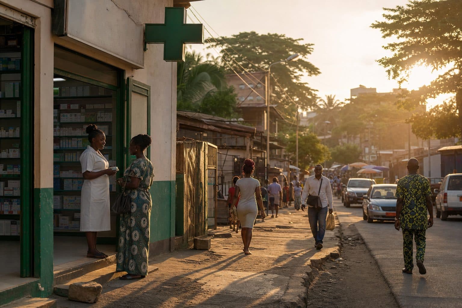 Pharmacy storefront on a busy Cameroon street at golden hour